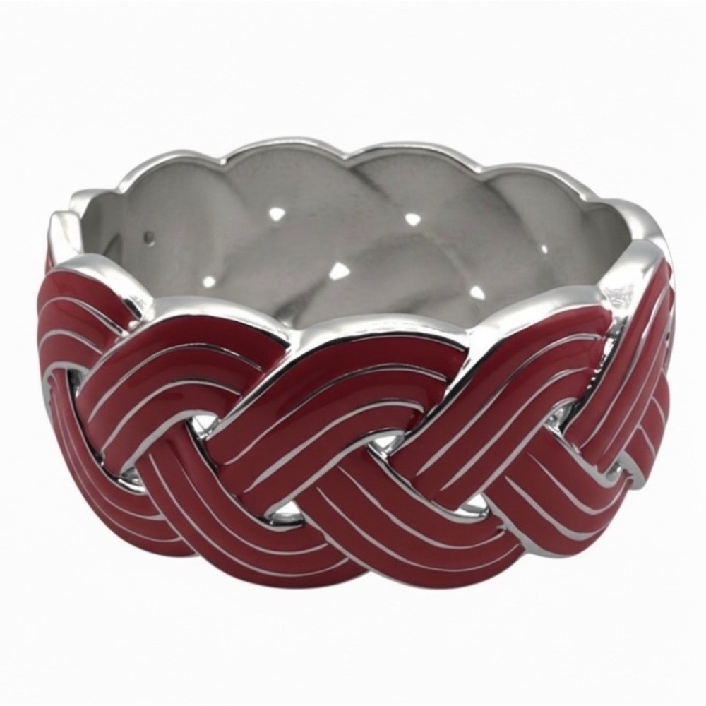 Red Enamel Braided Bangle Bracelet Silver Tone Woven Wide Chunky Nautical Cuff